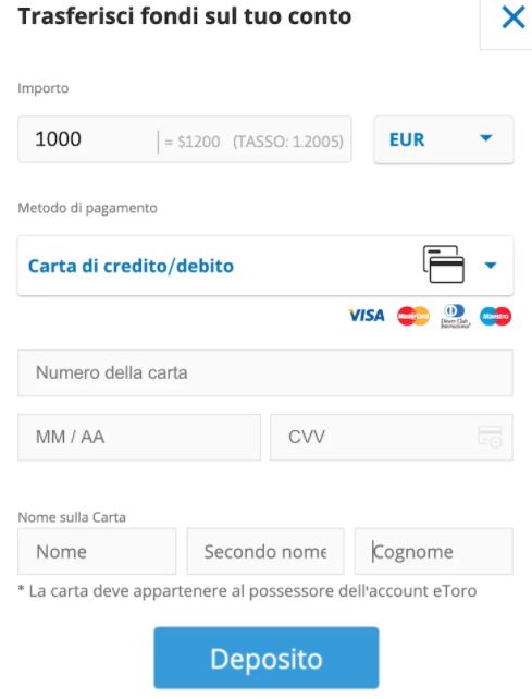 Deposito eToro carta